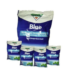 Packaging for Blue Throat Lozenges Medicated, showing a large bag with smaller individual lozenge packages in the foreground.