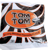 A package of TomTom strong Menthol Flavoured Candy with a white and orange design, indicating the flavor and brand.