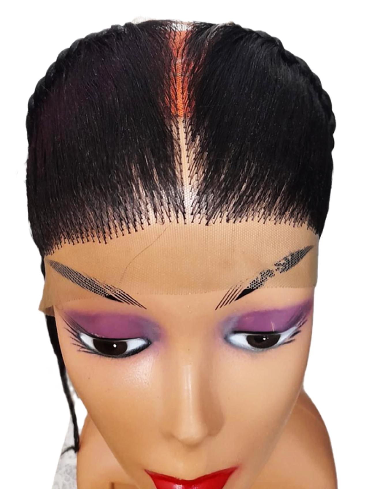 Mannequin head with a wig and makeup on a white background