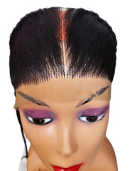 Mannequin head with a wig and makeup on a white background