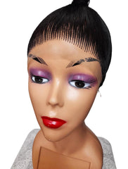 Mannequin head with a black wig and makeup on a white background