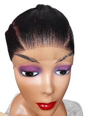 Mannequin head with a black lace wig on a white background