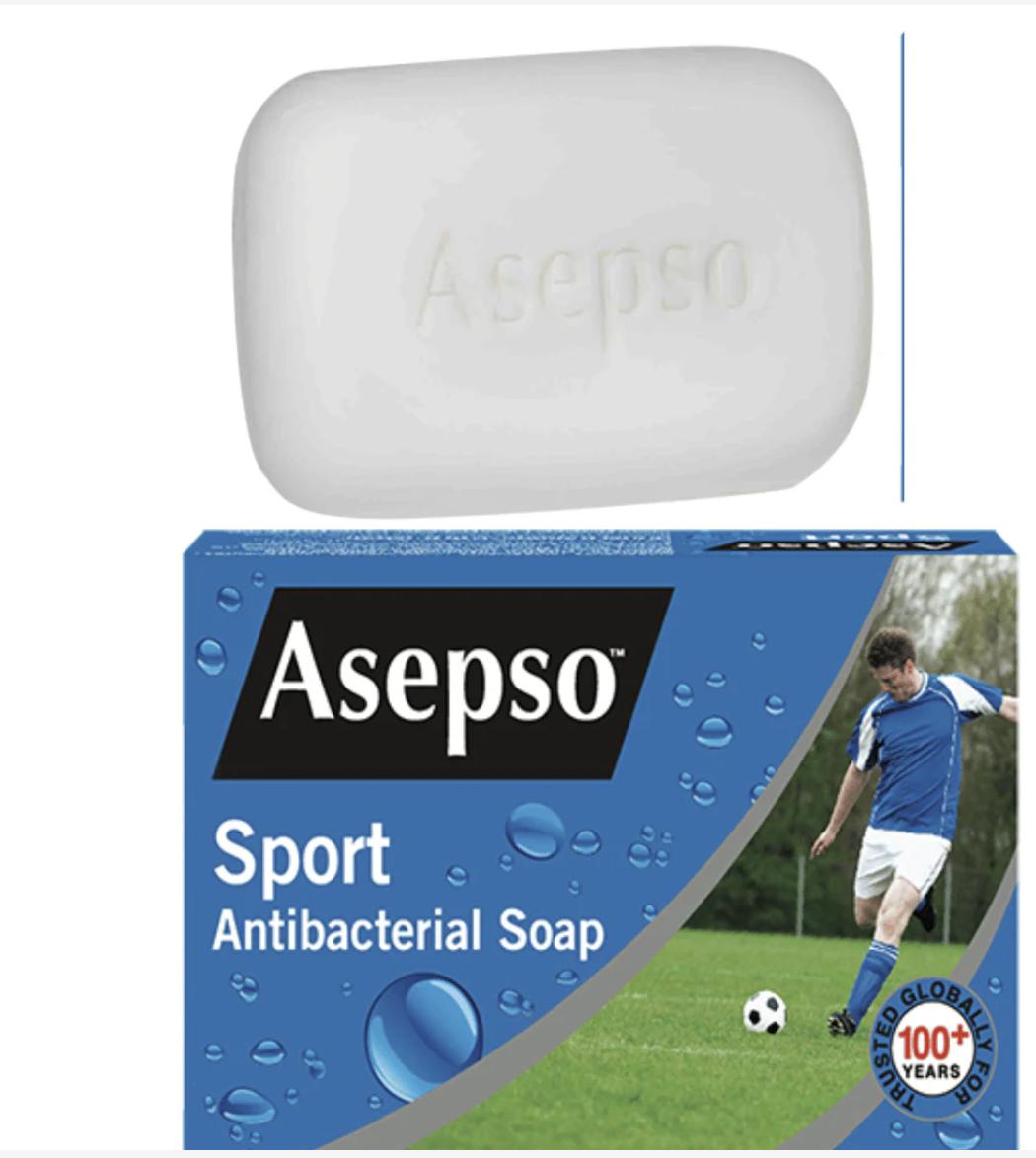 Asepso Sport Antibacterial Soap with a soccer player on the packaging.