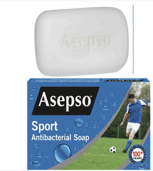 Asepso Sport Antibacterial Soap with a soccer player on the packaging.
