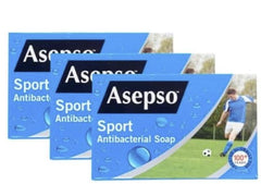 Three packages of Asepso Sport Antibacterial Soap with a soccer player on the packaging.