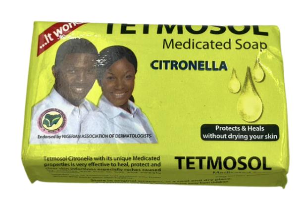 Three boxes of Tetmosol Medicated Soap Citronella on a white background