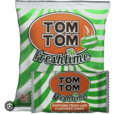 Two packages of Tom Tom Freshlime candy with green and white striped design.