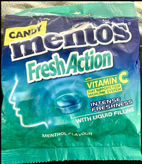 Mentos Fresh Action candy package with blue and green design