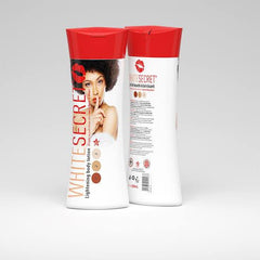 Two bottles of White Secret body lotion with a red cap on a light gray background