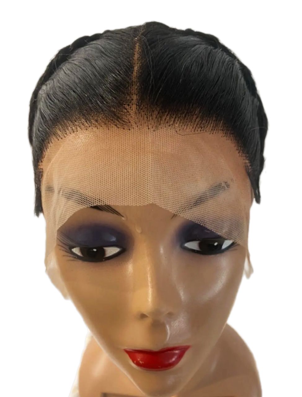 Black lace wig on a mannequin head with makeup