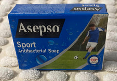 A box of Asepso Sport Antibacterial Soap with an image of an athlete on the front.