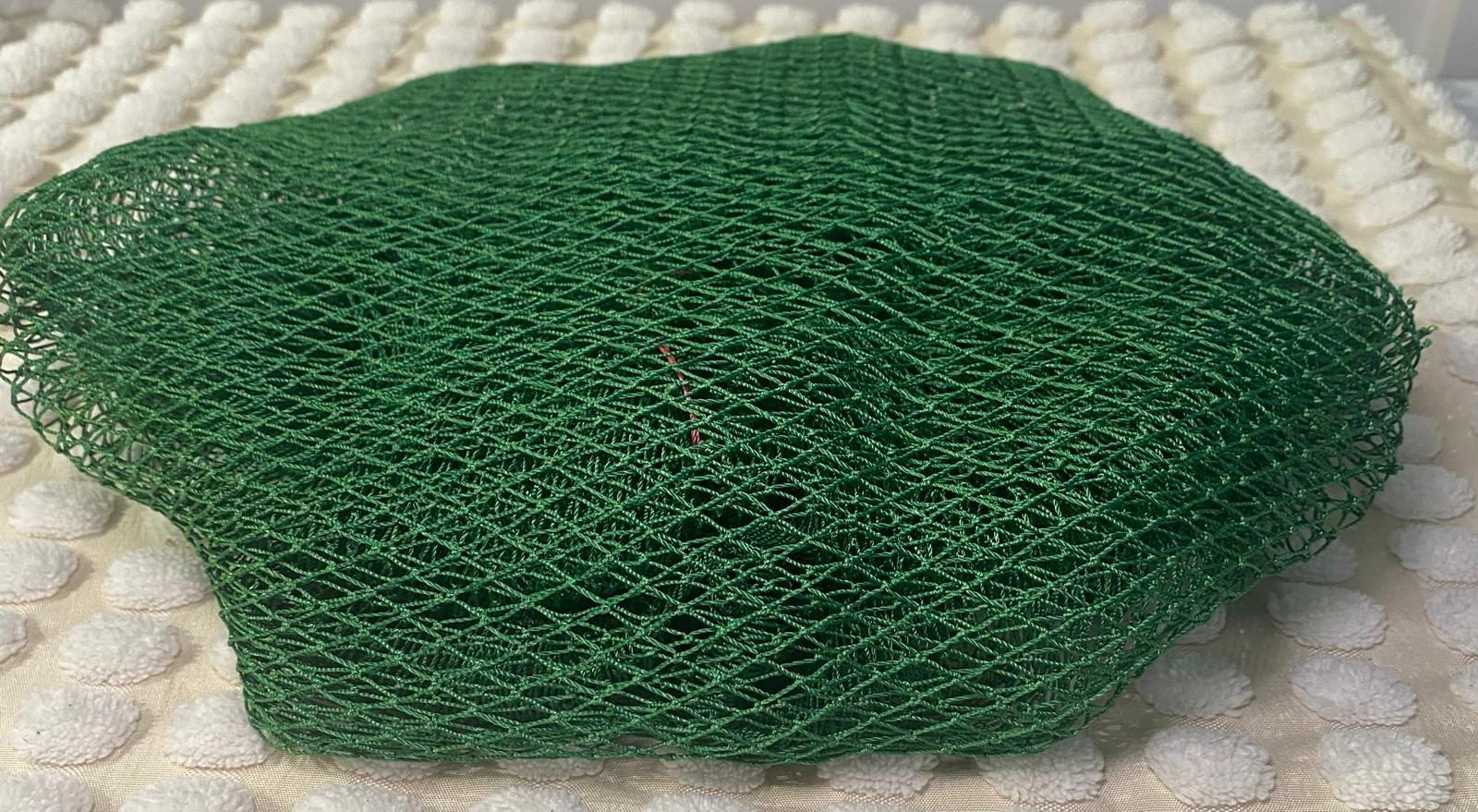 A green bath sponge with a net-like texture, placed on a light-colored surface.