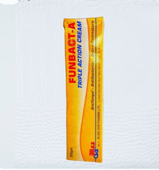 A tube of Funbact-A Tripple Action Cream with yellow packaging.