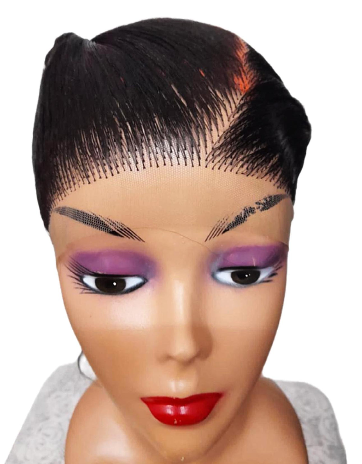 Mannequin head with a wig and makeup on a white background