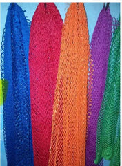 Five colorful fish nets in blue, red, orange, purple, and green on a light blue background.