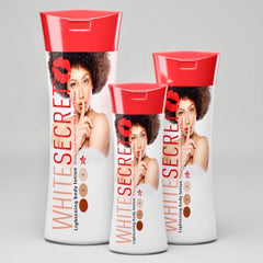 Three bottles of 'White Secret' lightening body lotion on a gray background